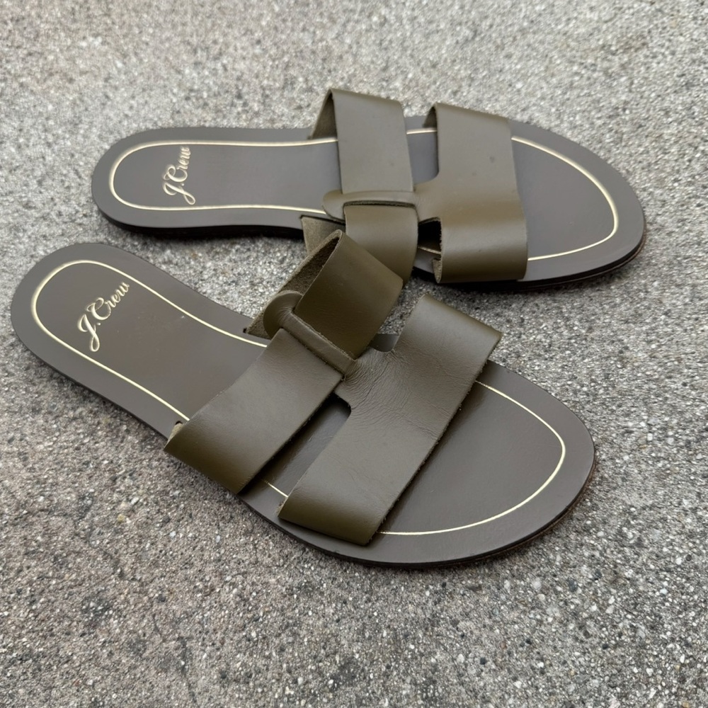 JCREW Cyprus Sandals Olive Green Khaki Leather Slides Slip On Shoes 7